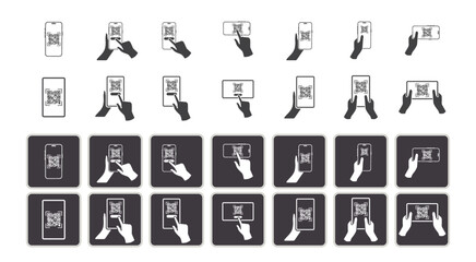 A collection of mobile scanning QR code icons, depicting hands grasping a smartphone and a tablet. Smartphone with QR code icon set in flat style collection. Mobile phone with hand and qr code symbol.