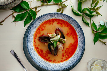 Wall Mural - asian tom yam soup with shrimp and mussels. restaurant menu