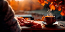 Warm Knitted Sweater And Coffee Warming On A Cool Autumn Day Generative AI