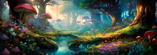 Mystical Forest, Filled With Colorful Flora And Fauna, Inviting Viewers Into A Magical World. Generative AI