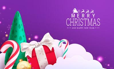 Wall Mural - Merry christmas text vector design. Christmas greeting card pine tree, gift box, candy cane and paper cut clouds concept. Vector illustration holiday season card decoration.
