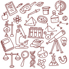 A set of hand-drawn vector contours on the topic of science, education and school. Doodle elements flask, book, notebook, microscope, planet, telescope, dna, magnet, test tubes, scales and others