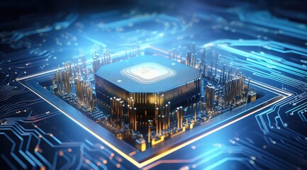 Poster - Futuristic neon microprocessor on blue background. Integrated microchip