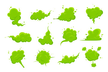 Wall Mural - Smelling green cartoon smoke or fart clouds flat style design vector illustration set. Bad stink or toxic aroma cartoon smoke cloud isolated on white background.