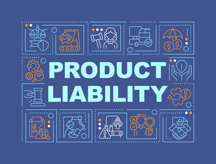 Poster - Product liability text with various thin line icons concept on dark blue monochromatic background, editable 2D vector illustration.