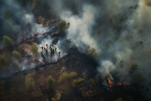 Drone Shot Of Firemen Controlling A Wild Fire