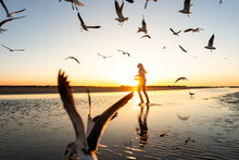 Girl Surrounded By Seagulls On Beach At Sunset