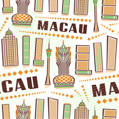 Wall Mural - Vector Macau Seamless Pattern, square repeating background with illustration of famous macau city scape on white background for wrapping paper, decorative line art urban poster with brown text macau