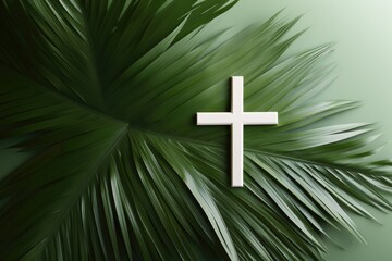 Wall Mural - Wooden christian cross on green palm leaf background, top view