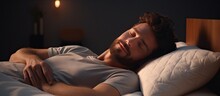 Attractive Guy Sleeping Well In Comfy Bed At Home Happy With His Orthopedic Mattress And Pillow