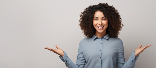Poster - Joyful young woman presenting an advertisement pointing to the side with open palms for copy space standing on isolated background
