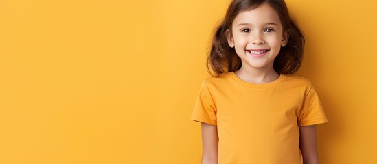 Wall Mural - Caucasian girl in violet T shirt on yellow background holds empty mobile phone