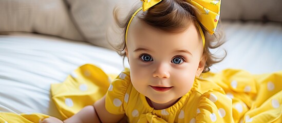 Poster - Baby girl wearing a summer dress with a large yellow bow on her head lying on a bed Background available for text