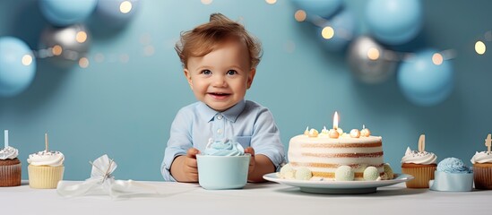 Sticker - Happy 1 year old boy holding a birthday cake celebrating first birthday