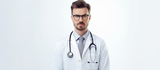 Wall Mural - Male doctor in white coat and glasses isolated on white background looking at the camera with space for text