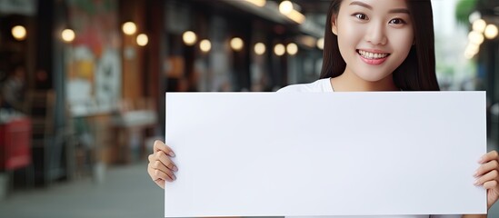 Poster - Happy Asian woman with white shirt standing behind large empty poster for text