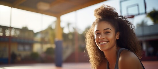 Wall Mural - Biracial female basketball player with basketball at court copy space Unchanged sport activity and lifestyle