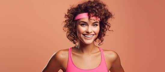 Wall Mural - Sporty woman on pink background doing stretches curly hair in a headband vibrant leotard fitness concept empty area for text