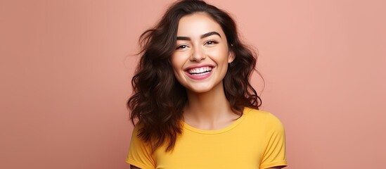 Wall Mural - Happy and confident young woman proudly displaying a concept on copy space