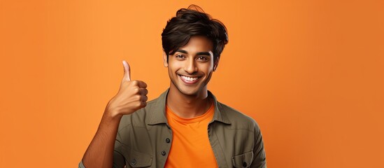 Sticker - The attractive Indian man is happily posing and showing a thumbs up isolated on an orange backdrop for advertisement