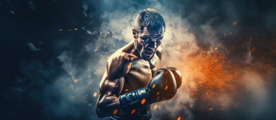 Muay Thai boxer fighting with gloves smoke and sparks in isolated background with copy space