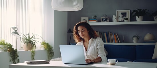 Sticker - Young woman student working with laptop at home smiling in stylish Scandinavian interior