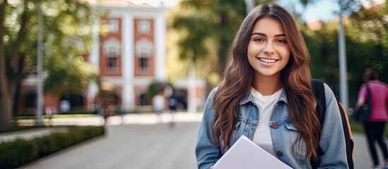 Happy young student posing outdoors near college building with backpack and books enjoying educational programs and studentship copy space available