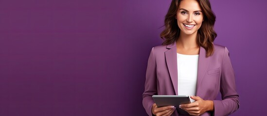 Wall Mural - Smiling young European businesswoman holding tablet over purple background with copy space Education technology and business concept