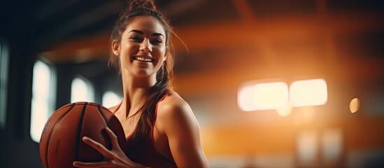 Wall Mural - Smiling Caucasian woman basketball player with ball on court blank area Unchanged sport activity and lifestyle