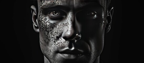 Poster - Closeup black and white portrait of a man with acne scars isolated on a black background