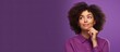 Thoughtful woman on purple background contemplates decision evaluates advertisement