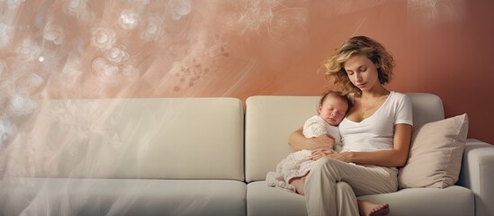 Sticker - Composite of a caucasian mother and her baby girl on a sofa with text for World Breastfeeding Week Emphasis on love family and healthy nurturing