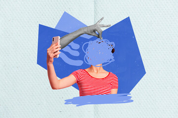 Sticker - Photo template collage of scribble complicated woman faceless anonymous hold phone recording selfie video isolated on blue background