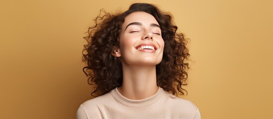 Poster - Smiling young woman holding object looking satisfied