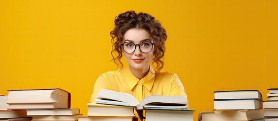 Poster - Bookish female student posing alone against yellow backdrop with room to add text