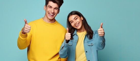 Poster - Two happy individuals a man and a woman in casual blue clothing pose and point with a thumbs up against a yellow background