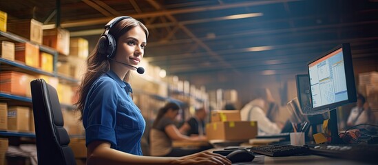 Female warehouse staff member with headset processing customer orders