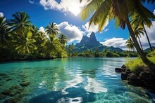 Tropical Island With Palm Trees And Lagoon At Seychelles, A Peaceful And Tranquil Lagoon In Bora Bora, French Polynesia, AI Generated