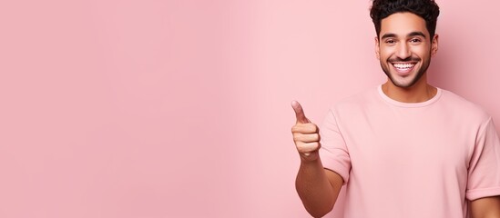Poster - Confident young Hispanic man pointing in different directions over a pink background