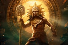 Ancient Greek Warrior With A Spear In His Hands Against The Background Of The Ancient Ruins. Mayan Deity Mayan, Depicted With A Powerful Ceremonial Axe, AI Generated