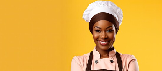 Smiling African American female chef holding oven mitt against yellow background