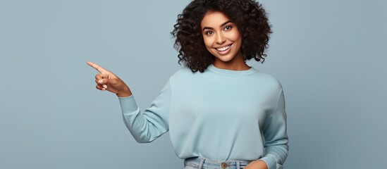 Sticker - Young confident Hispanic woman smiling and pointing in different directions over isolated background for advertising