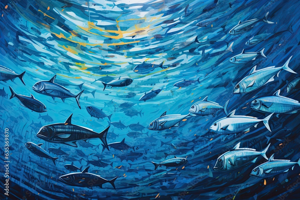 Underwater scene with a school of fish swimming in the ocean. A school ...