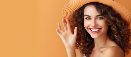 Poster - Smiling happy woman indicates idea with hand in open space