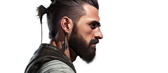 Poster - European macho man young and bearded with black hair and ear piercing isolated on white with blank area for text