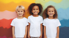 Little Children Wearing White T-shirts Standing In Front Of Colorful Background Together, Blank Apparel With No Print, Smiling Toddlers, Photo For  Mock-up