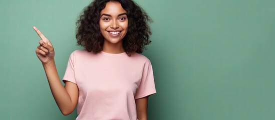 Poster - Young confident Hispanic woman smiling and pointing in different directions over isolated background for advertising