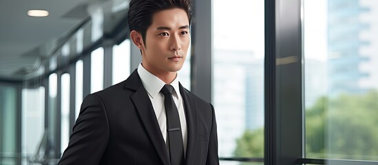 Focused Asian businessman using a tablet working in a modern office setting Handsome Japanese man in a black suit working remotely Technology and work con