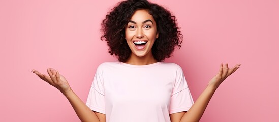 Poster - Excited Hispanic woman points and presents advertisement with happy smile on pink background with copy space