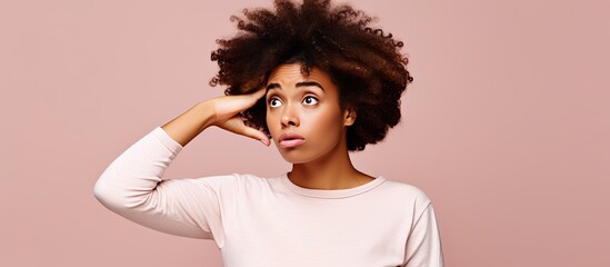 Poster - African woman looking perplexed annoyed and pointing towards her head while standing against a pink background